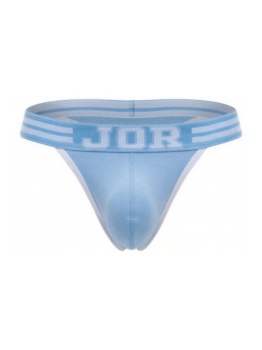 Light blue jor 2323 college thong with matching waistband featuring white lettering and horizontal stripes from the back side