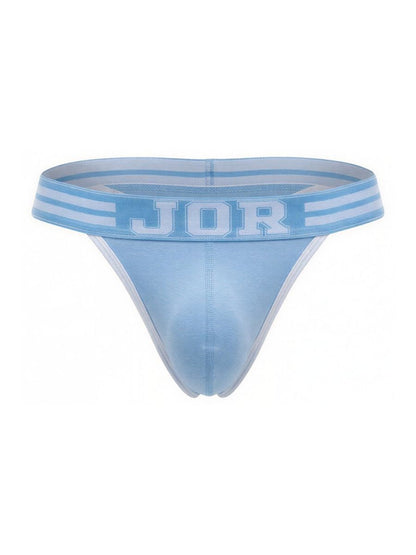 Light blue jor 2323 college thong with matching waistband featuring white lettering and horizontal stripes from the back side