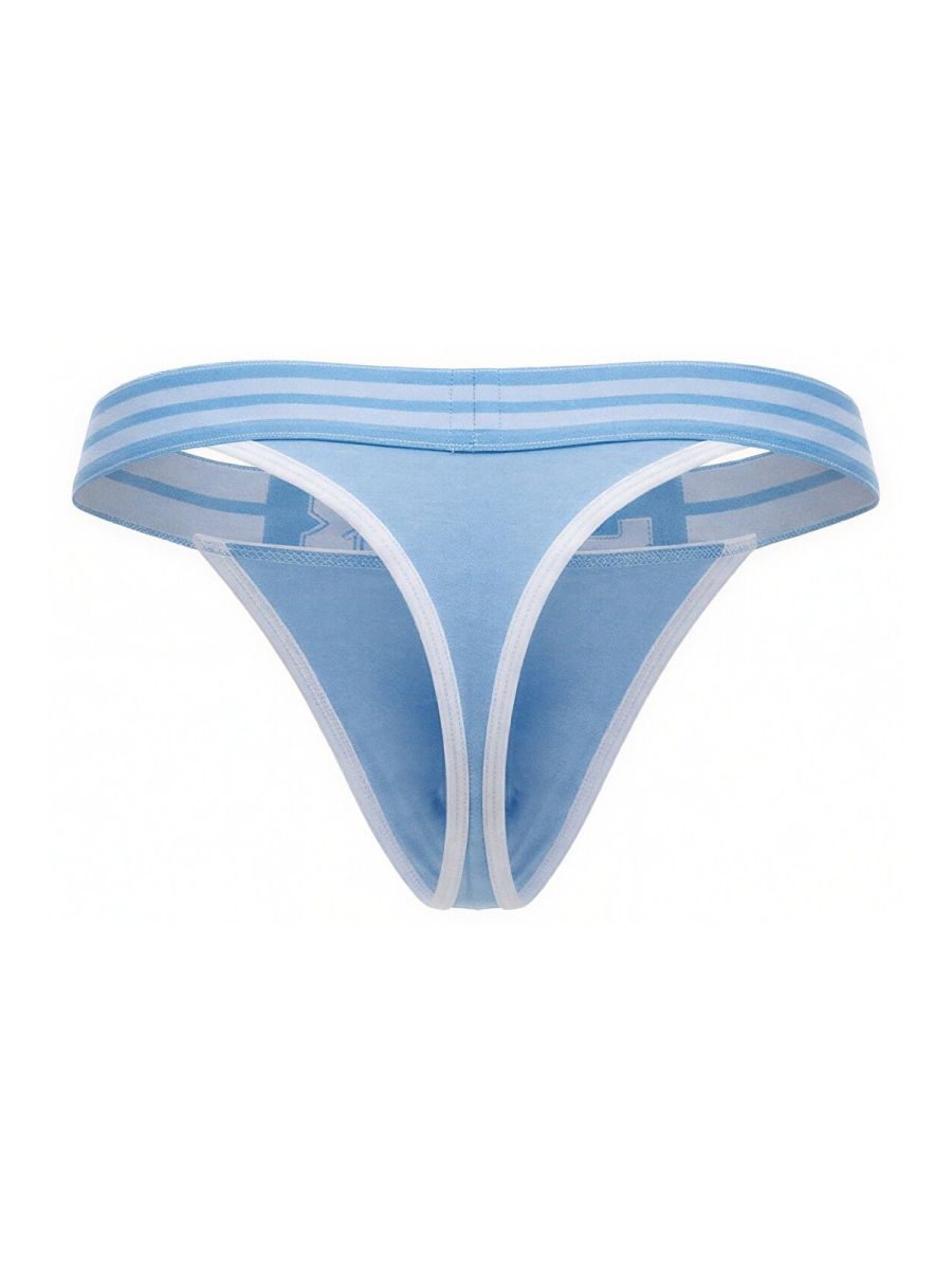 Light blue JOR 2323 college thong with white trim and striped waistband in lightweight breathable fabric