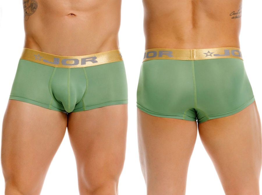 Green jor brand Soho trunks briefs with gold waistband featuring jor logo and star emblem in color green