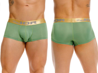 Green jor brand Soho trunks briefs with gold waistband featuring jor logo and star emblem in color green