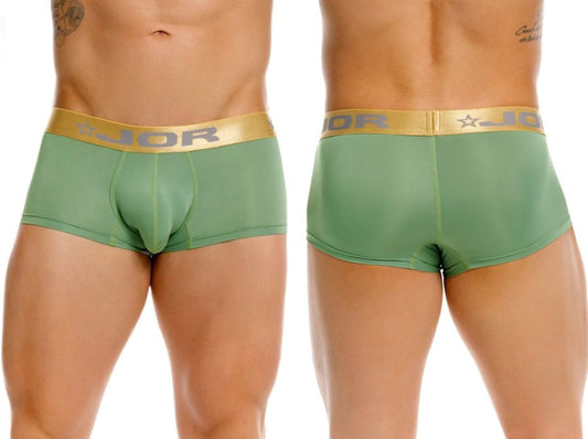 Green jor brand Soho trunks briefs with gold waistband featuring jor logo and star emblem in color green