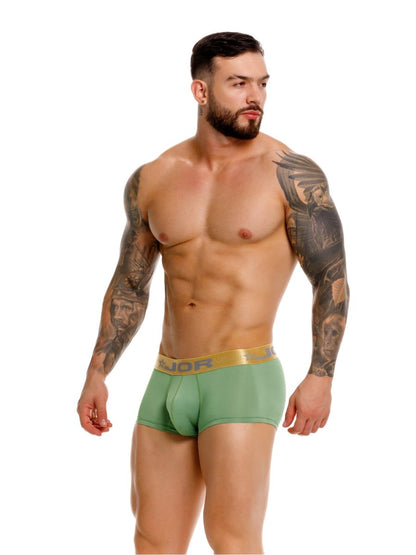 Green jor 2326 Soho trunks boxer briefs with gold waistband featuring black jor branding