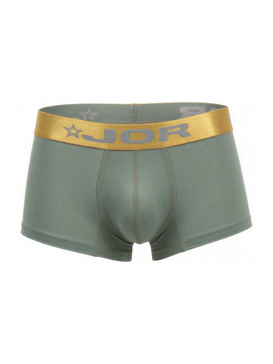Olive green jor 2326 soho trunks boxer briefs with gold elastic waistband featuring brand logo and star design