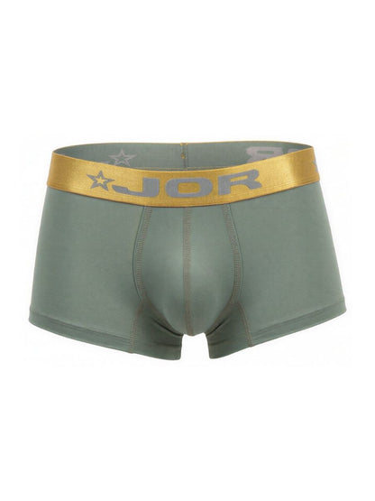 Olive green jor 2326 soho trunks boxer briefs with gold elastic waistband featuring brand logo and star design