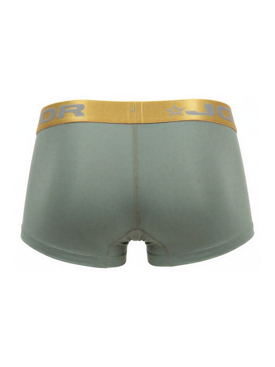 Olive green jor 2326 soho trunks boxer briefs with gold waistband and gray brand logo lettering on front