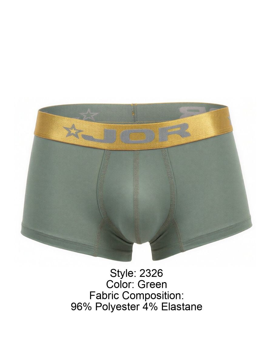Green jor 2326 soho trunks boxer briefs with gold waistband featuring brand logo and star motifs