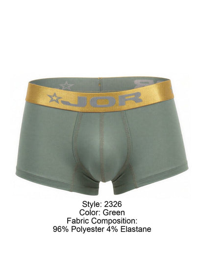 Green jor 2326 soho trunks boxer briefs with gold waistband featuring brand logo and star motifs