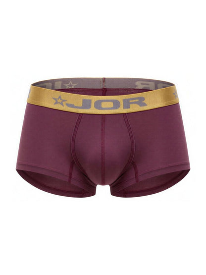 Maroon JOR 2326 Soho trunks boxer briefs with a gold waistband featuring the brand name and star logo