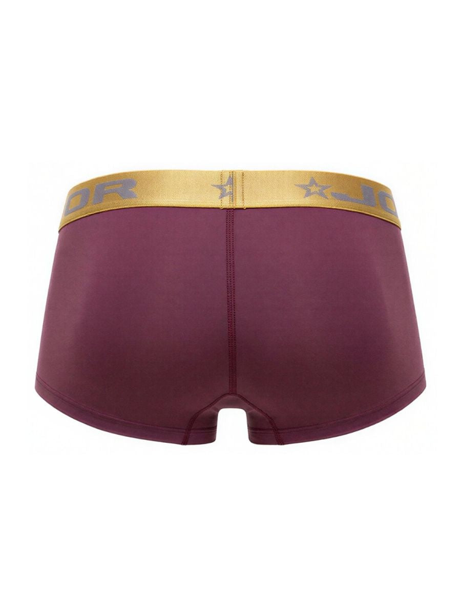 Maroon jor 2326 soho trunks boxer briefs with gold waistband featuring jor logo and star motifs