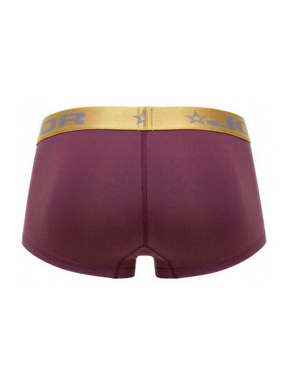 Maroon jor 2326 soho trunks boxer briefs with gold waistband featuring jor logo and star motifs