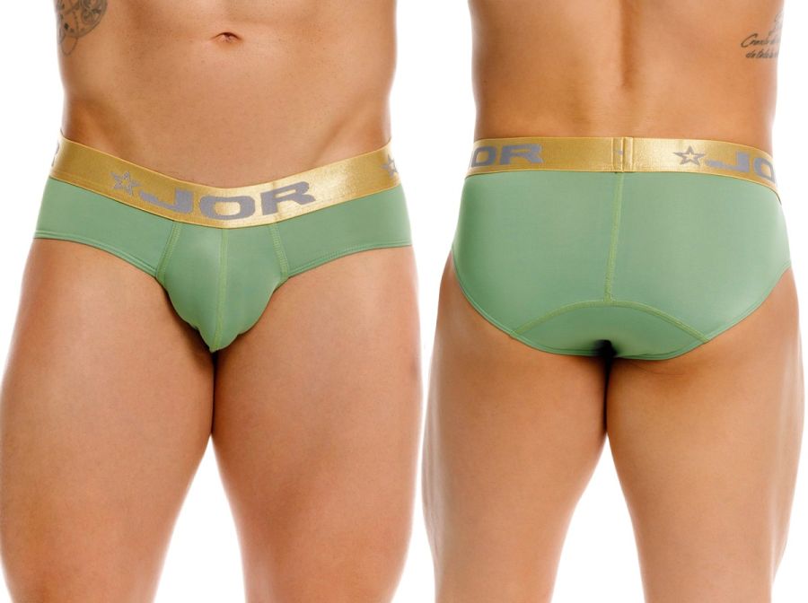 Jor 2327 soho briefs in mint green with gold elastic waistband featuring jor logo and star emblem