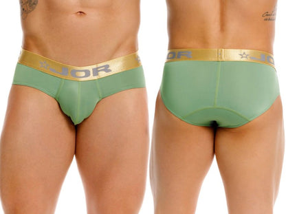 Jor 2327 soho briefs in mint green with gold elastic waistband featuring jor logo and star emblem