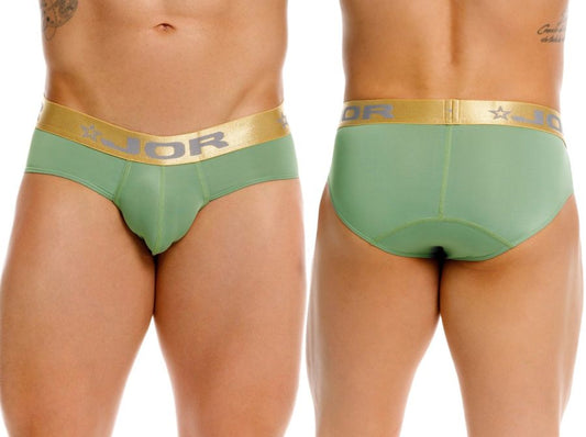 Jor 2327 soho briefs in mint green with gold elastic waistband featuring jor logo and star emblem
