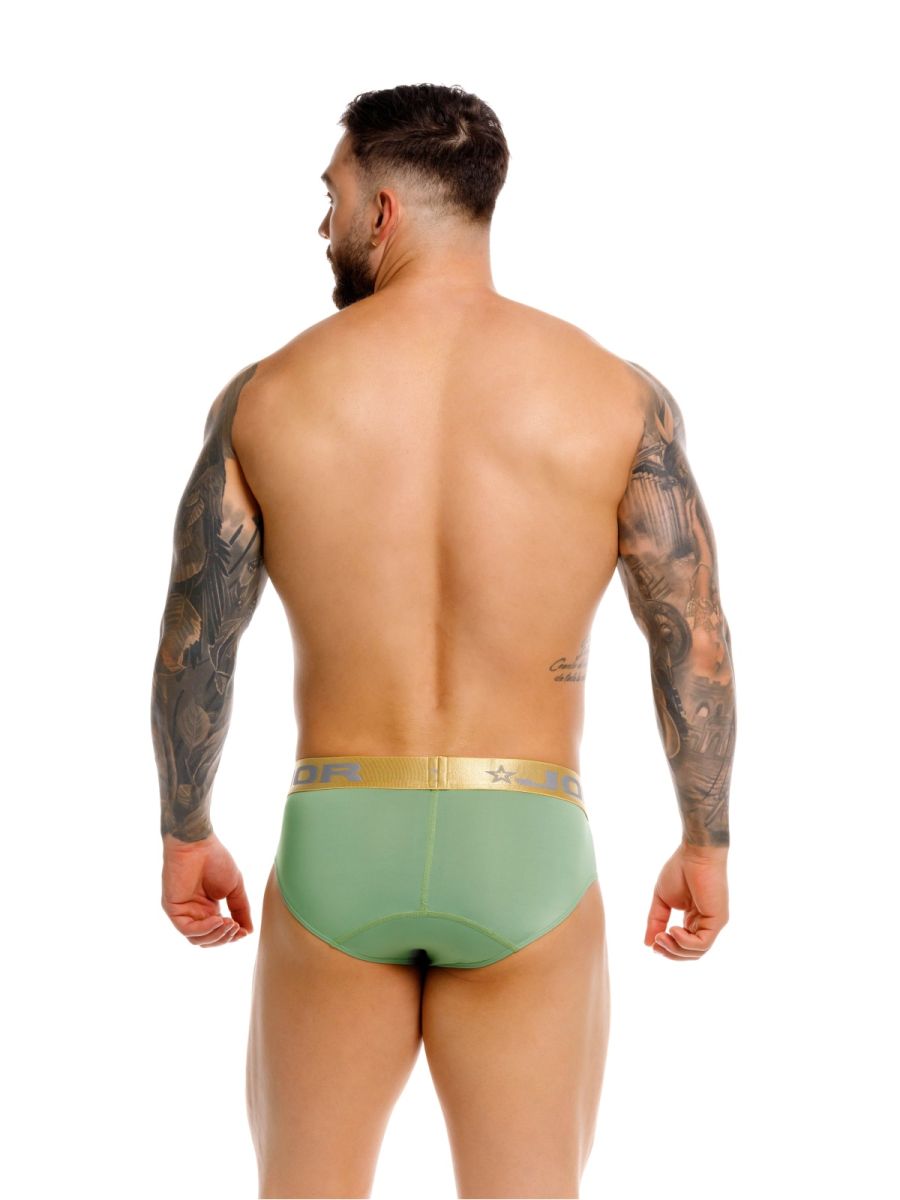Green jor 2327 soho briefs featuring gold elastic waistband with brand logo for athletic use