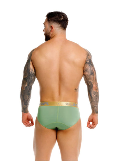 Green jor 2327 soho briefs featuring gold elastic waistband with brand logo for athletic use