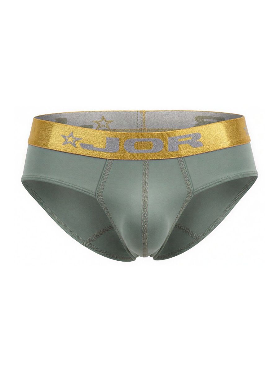 JOR 2327 Soho briefs men’s olive green sleek fabric with shiny gold waistband featuring brand name and star motifs