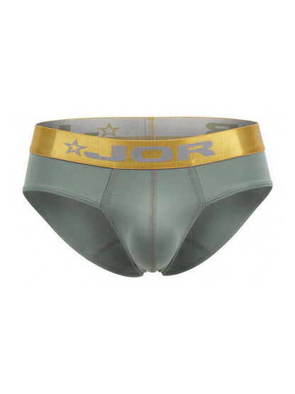 JOR 2327 Soho briefs men’s olive green sleek fabric with shiny gold waistband featuring brand name and star motifs