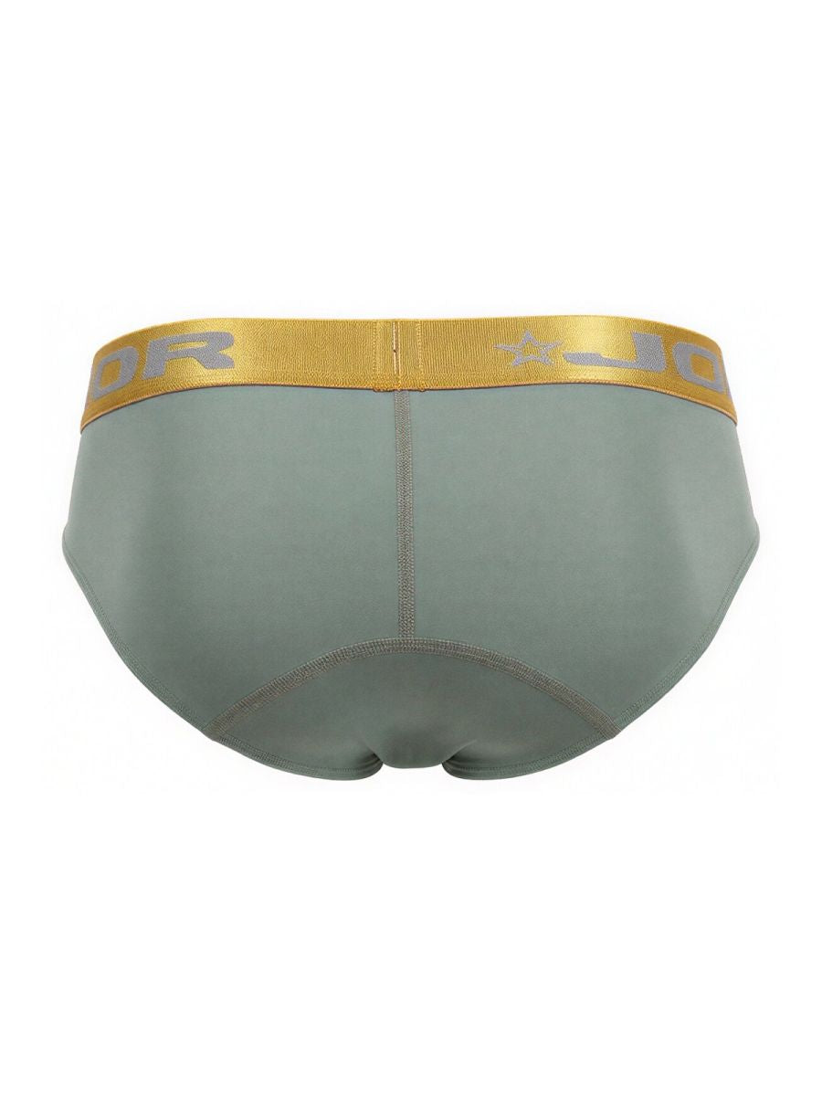 Olive green jor 2327 soho briefs with gold elastic waistband and silver jq logo on men’s sleek underwear
