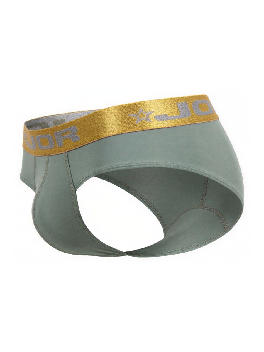 Jor 2327 soho briefs in green featuring a sleek light green fabric and shiny gold waistband with logo and star emblem