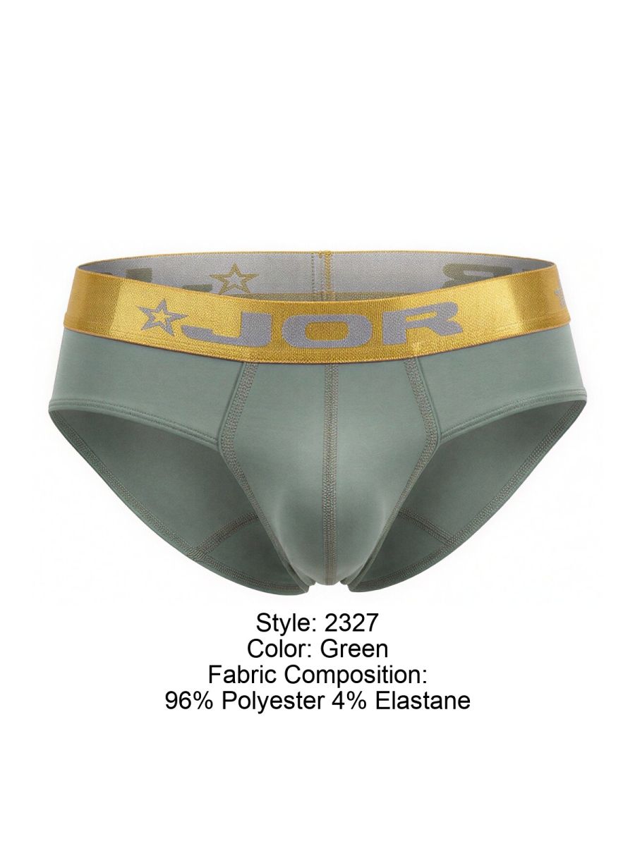 Green jor 2327 soho briefs featuring gold waistband with brand logo and star motifs in men’s underwear design