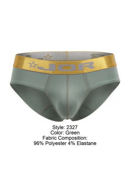 Green jor 2327 soho briefs featuring gold waistband with brand logo and star motifs in men’s underwear design