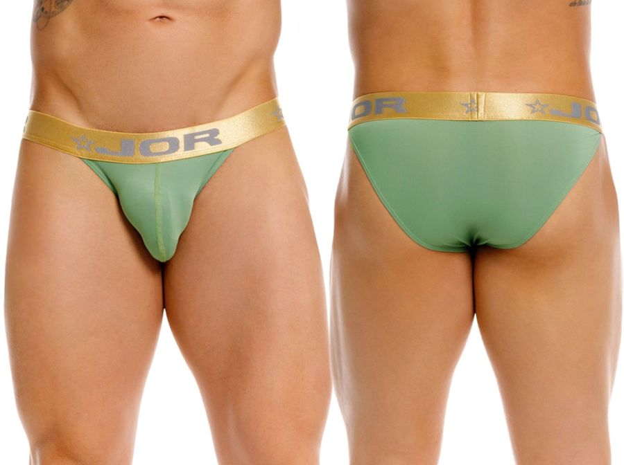 Green jor 2328 Soho bikini briefs with gold waistband featuring jor logo and star design