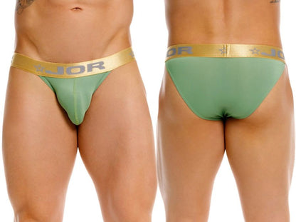 Green jor 2328 Soho bikini briefs with gold waistband featuring jor logo and star design