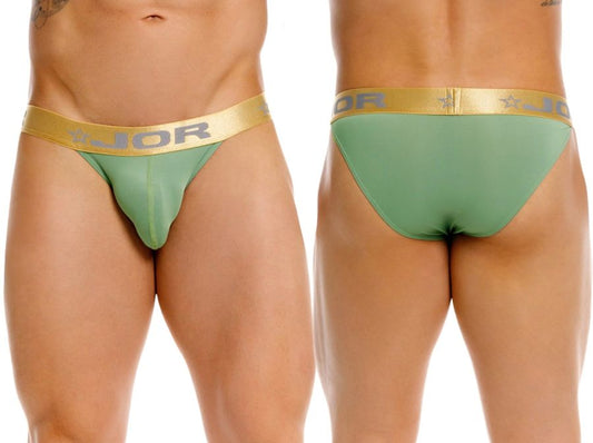 Green jor 2328 Soho bikini briefs with gold waistband featuring jor logo and star design