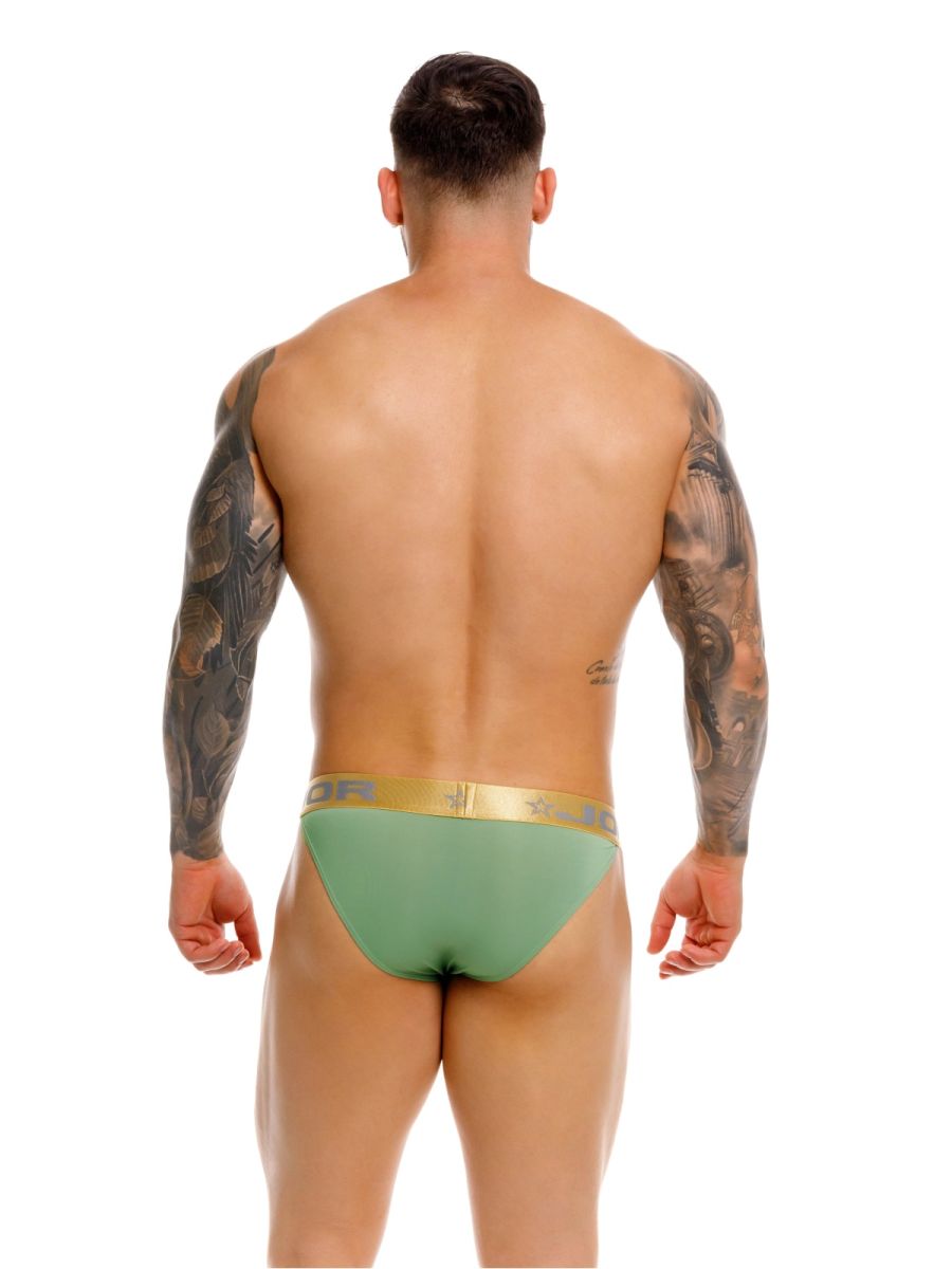 Green JOR 2328 Soho bikini briefs with gold waistband featuring brand logo for athletic use