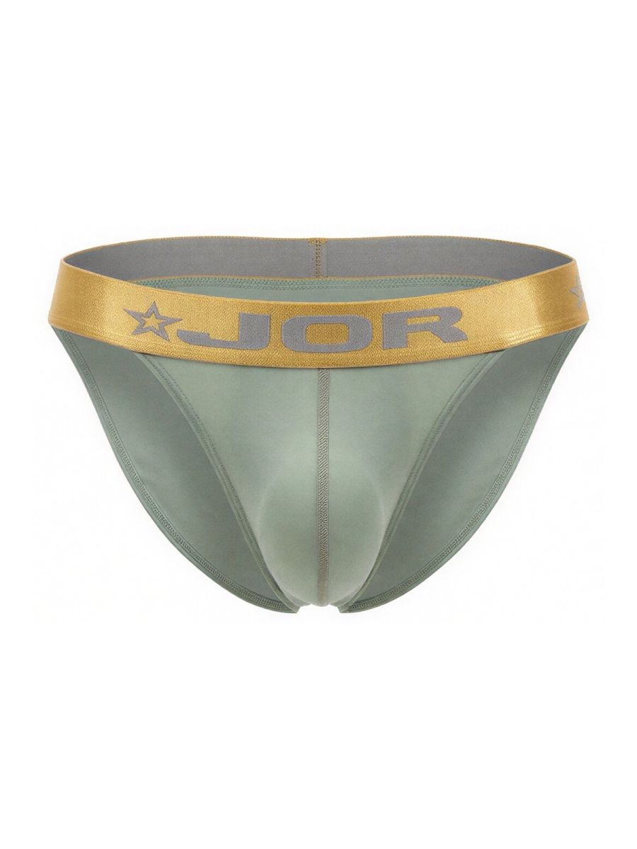 A sleek olive-green jor 2328 soho bikini brief with a gold waistband featuring the brand logo and star emblem