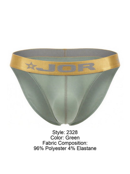 Green jor 2328 Soho bikini briefs with gold waistband featuring jor logo and star emblem front view