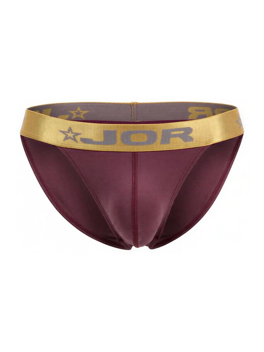 Maroon jor 2328 soho bikini briefs with gold waistband featuring logo and star motifs in wine color