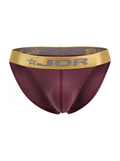 Maroon jor 2328 soho bikini briefs with gold waistband featuring logo and star motifs in wine color