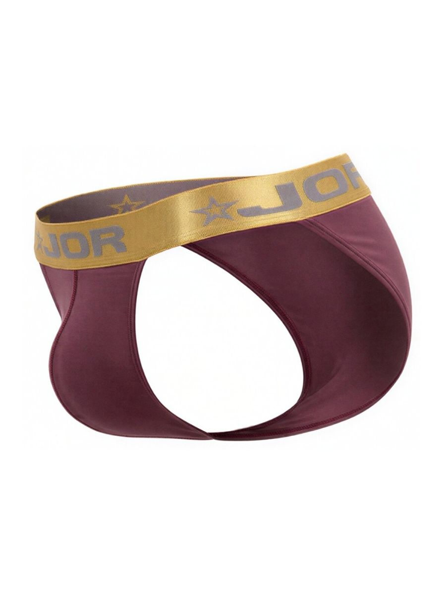 Maroon JOR 2328 Soho bikini briefs with gold elastic waistband featuring brand name and star logos