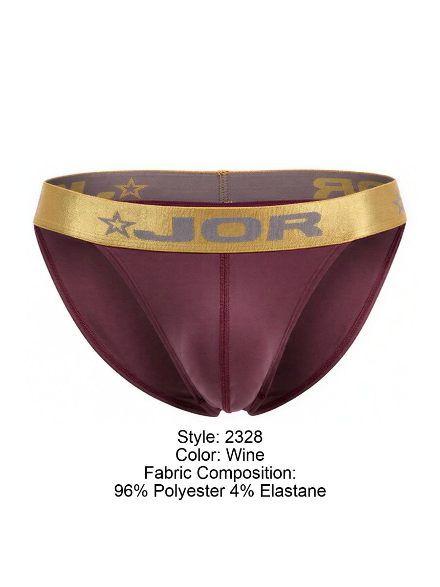 Wine-colored jor 2328 Soho bikini briefs with a gold waistband featuring the brand logo and star design
