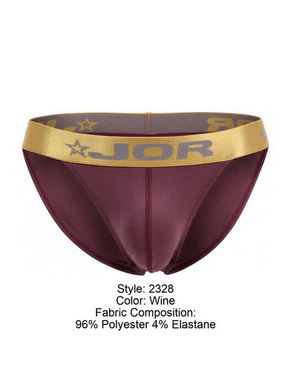 Wine-colored jor 2328 Soho bikini briefs with a gold waistband featuring the brand logo and star design