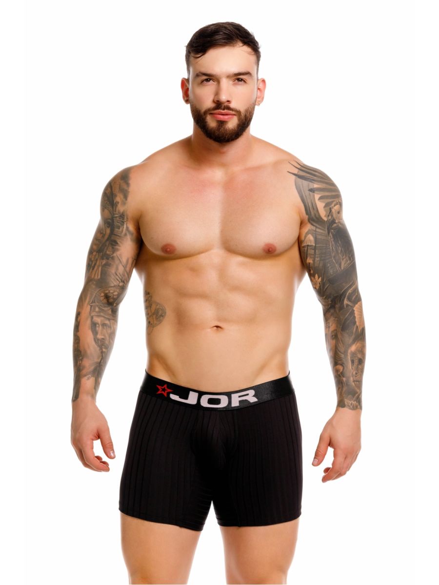 Black jor 2329 cronos boxer briefs with ribbed texture and contrasting elastic waistband featuring jor logo