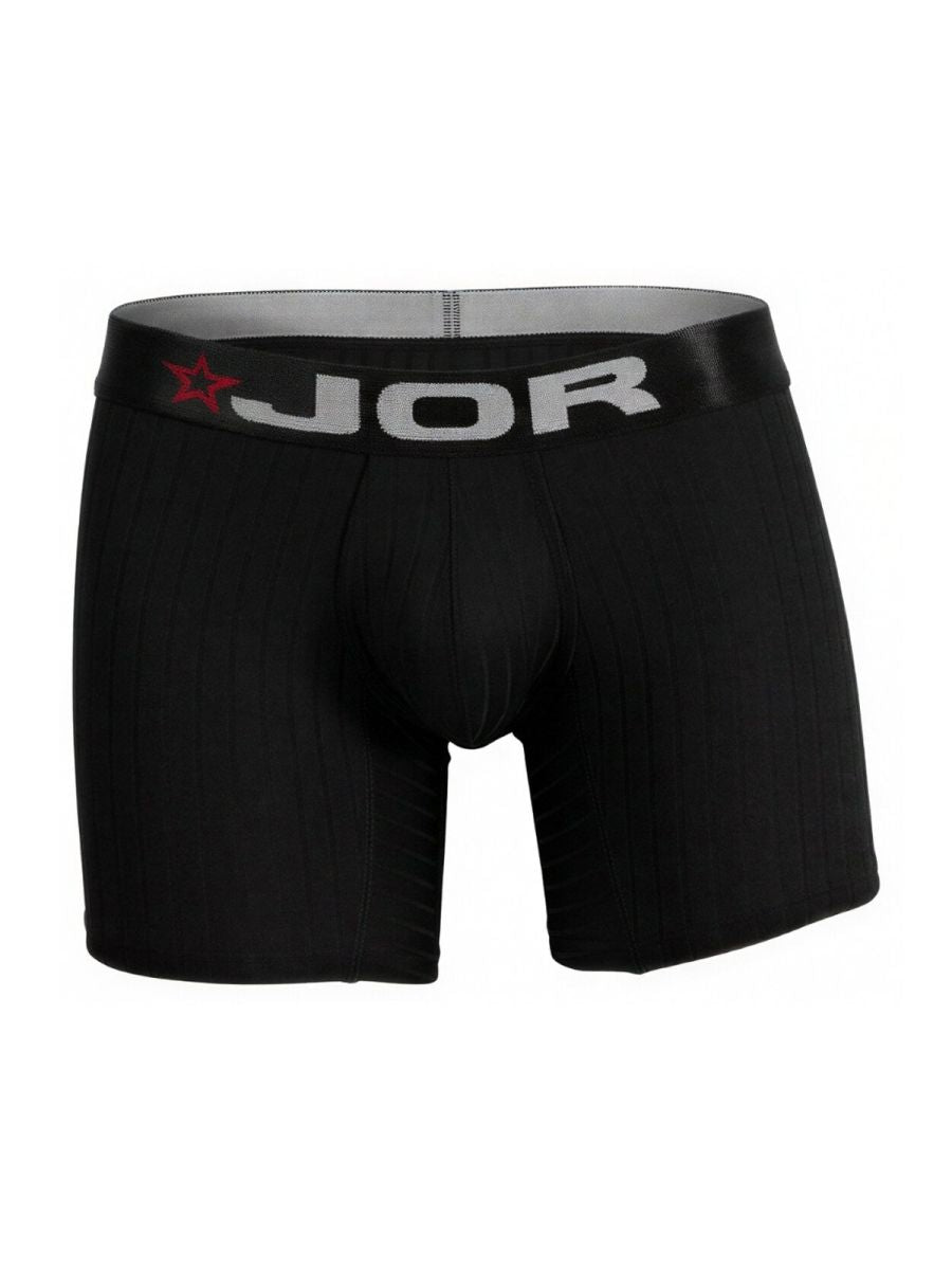 Black jor 2329 cronos boxer briefs with gray waistband featuring brand name and red star logo in front view