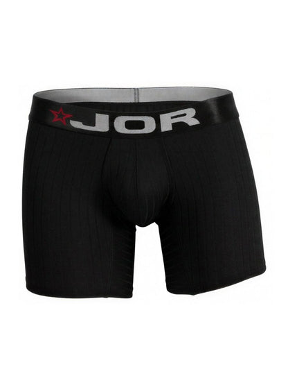 Black jor 2329 cronos boxer briefs with gray waistband featuring brand name and red star logo in front view