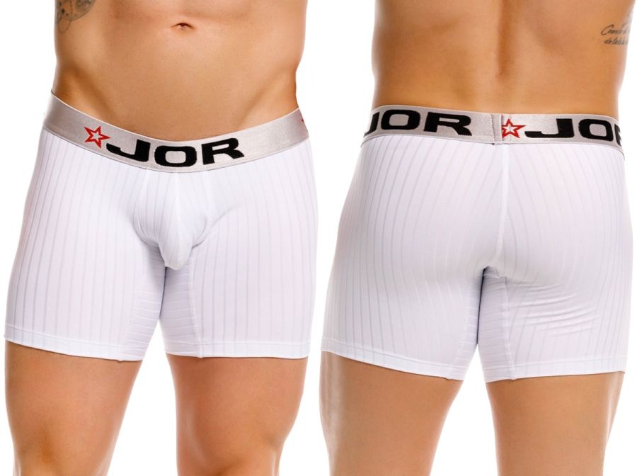 White jor 2329 cronos men’s boxer briefs with ribbed texture and gray waistband featuring black brand lettering