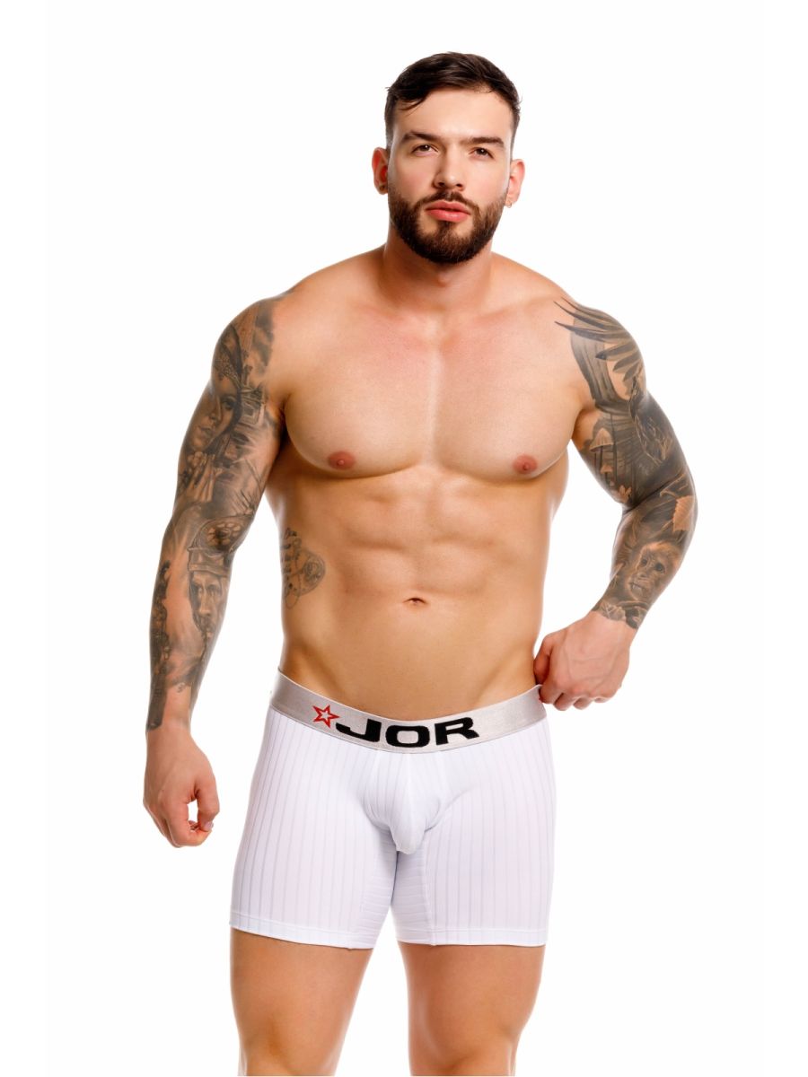 White jor 2329 cronos boxer briefs with ribbed texture and gray waistband featuring jor logo in black letters