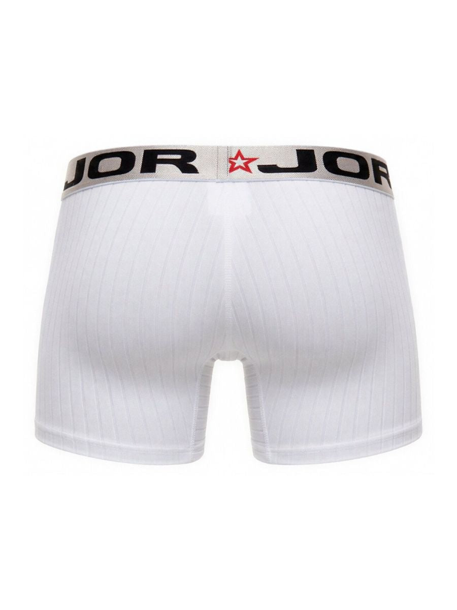 White jor 2329 cronos boxer briefs with ribbed texture and black elastic waistband featuring brand name and red star logo