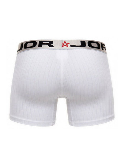 White jor 2329 cronos boxer briefs with ribbed texture and black elastic waistband featuring brand name and red star logo