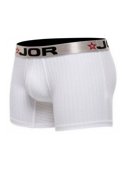 White ribbed jor 2329 cronos boxer briefs with silver waistband featuring jor logo and red star emblem