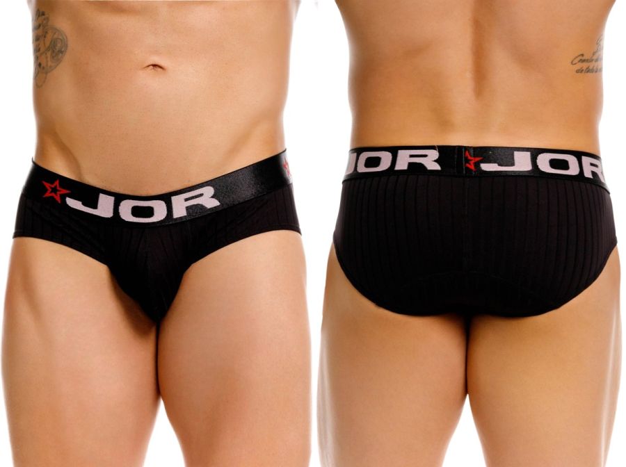 Black jor 2331 Cronos briefs with ribbed waistband featuring white lettering and red star logos in cotton blend material