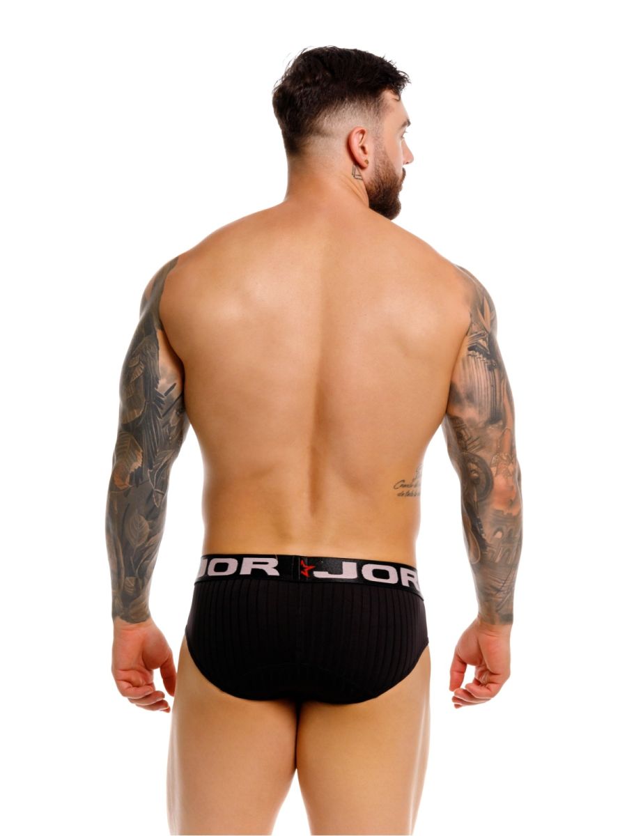 Black ribbed briefs with white elastic waistband featuring jor logo and red star emblem in jor 2331 cronos briefs black