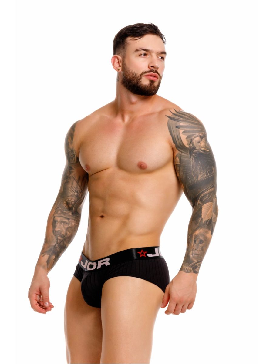 Black JOR 2331 Cronos briefs with red star and white lettering waistband in comfortable breathable fabric