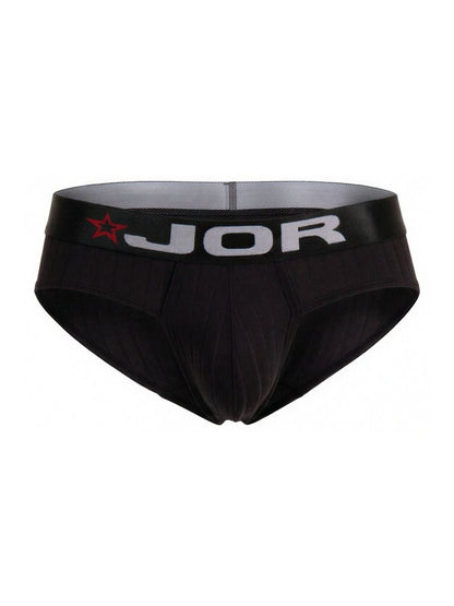 Black jor 2331 cronos men’s briefs with a red star and white logo on the waistband in black color