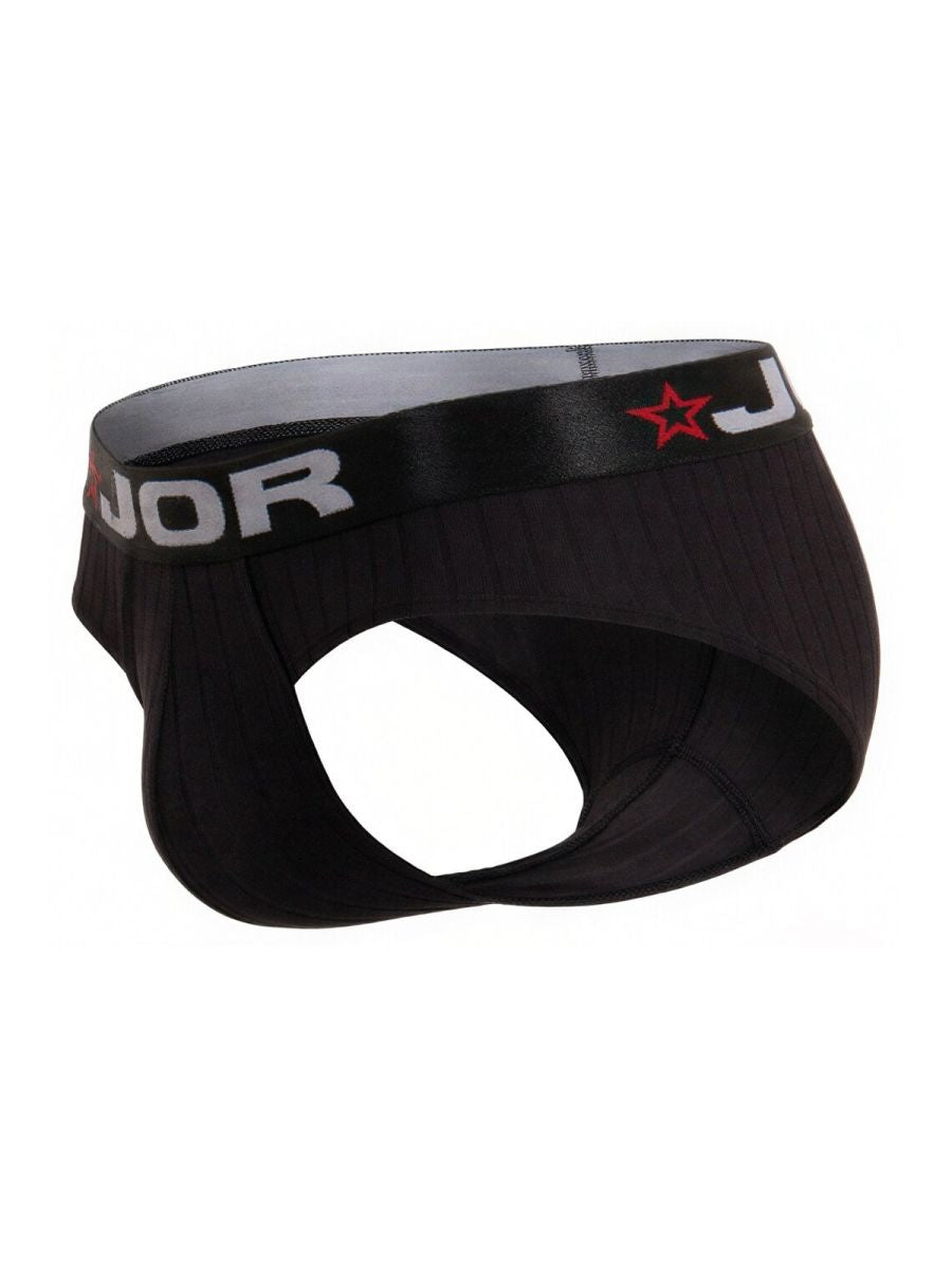 Black jor 2331 cronos briefs with a gray waistband featuring white lettering and a red star logo